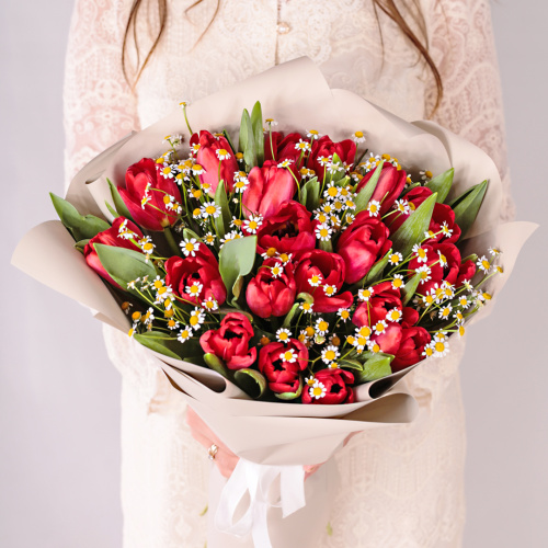 Букет из 19 красных тюльпанов с ромашками арт. 46334