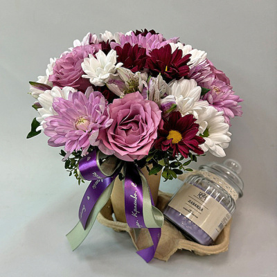 Сет "Лаванда". Набор стаканчик с цветами и аромасвечой в банке 70396