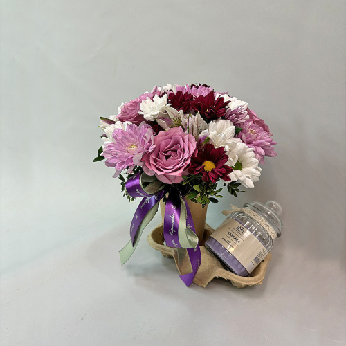 Сет "Лаванда". Набор стаканчик с цветами и аромасвечой в банке арт. 70396