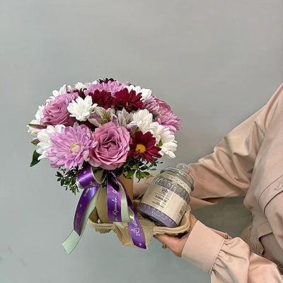 Сет "Лаванда". Набор стаканчик с цветами и аромасвечой в банке 70396